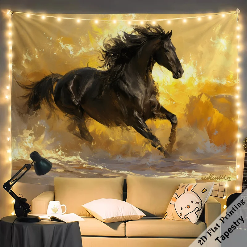 Abstract Horse Tapestry Wall Decor Golden Galloping Stallion Canvas Print Large Art for Living Room Bedroom Rustic Equestrian Ta