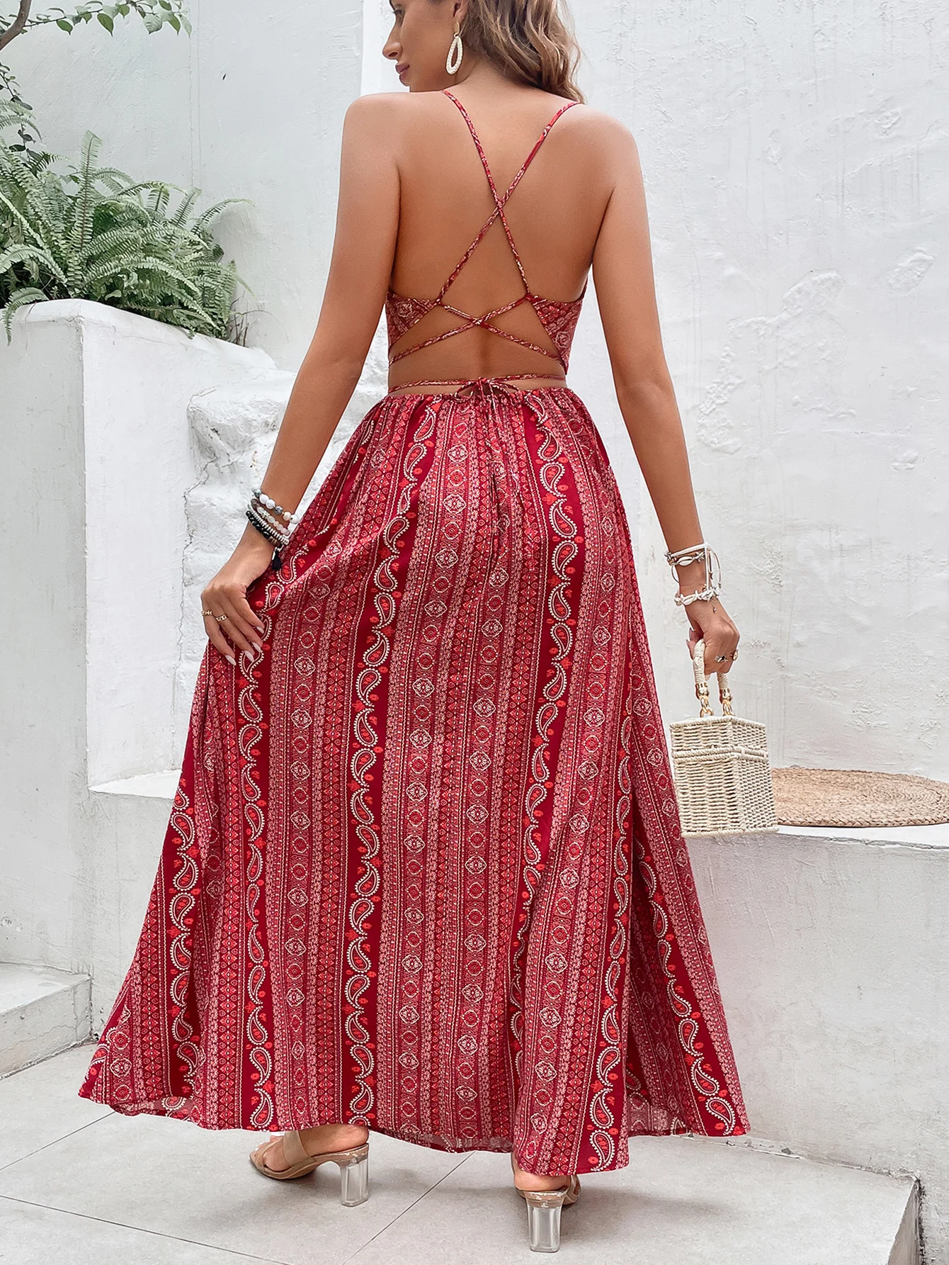 KEBY ZJ Boho Paisley Floral Women Split Long Dresses Sexy Backless Halter Beach Sundress Female Elegant Party Holiday Maxi Dress