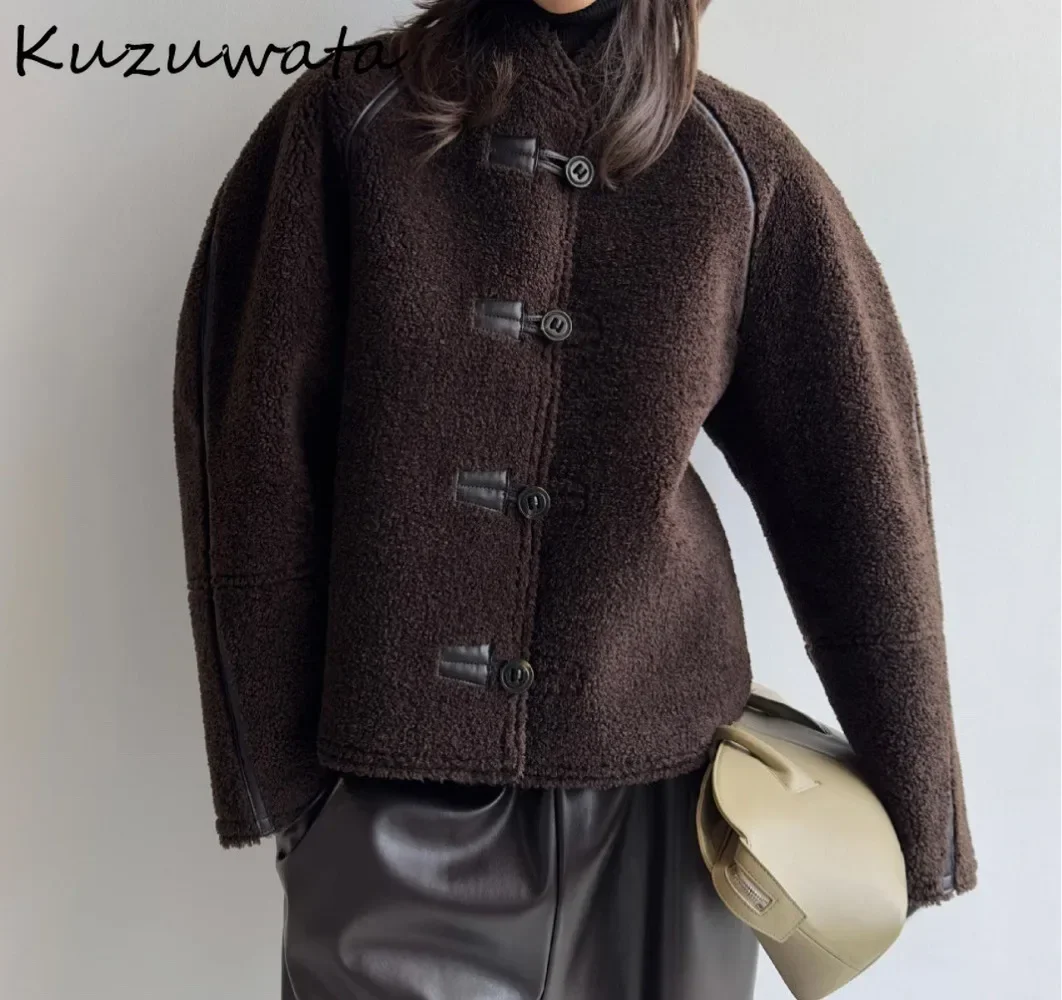 Kuzuwata Vintage Stand Collar Long Sleeve Fur Coat Simple Single Breasted Loose Casual Jacket Japan Warm Mode Stripe Outwears