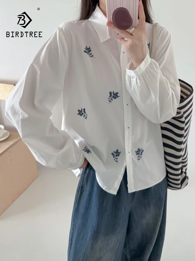 

Новинка 2025, осенняя хлопковая рубашка с длинным рукавом, женская рубашка с отложным воротником и вышивкой, свободная блузка Mori Girl French OL для поездок на работу T59619CC