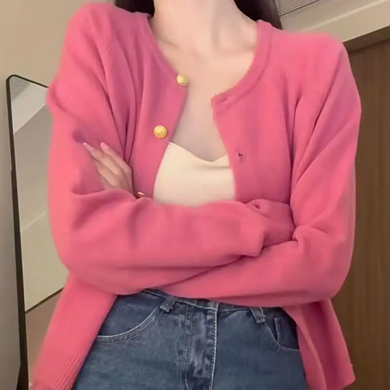 الوردي محبوك سترة المرأة سترة قصيرة ربيع الخريف موضة س الرقبة طويلة الأكمام متماسكة القمم السيدات البلوز #6
