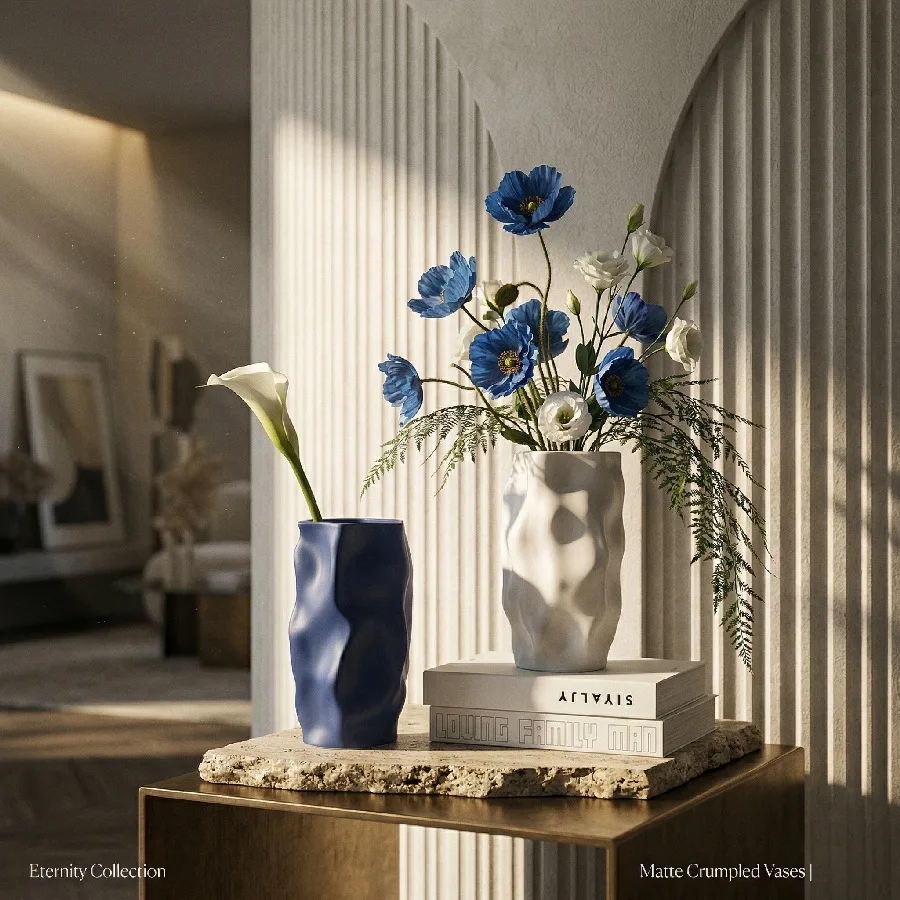 Matte Crinkled Ceramic Vase Set Irregular Wavy Texture Klein Blue White Minimalist Flower Vase for Living Room Table Decor