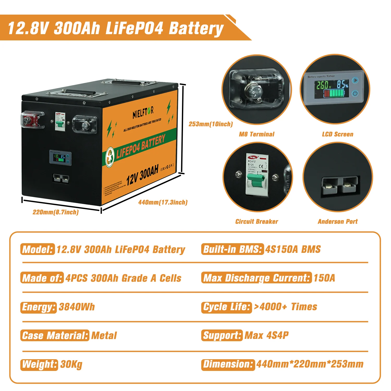 LiFePO4-batterij 12V 24V 48V 100Ah 200Ah 300Ah Lithiumbatterij Ingebouwde BMS-cellen klasse A 6000+ cyclus PL EU-voorraad