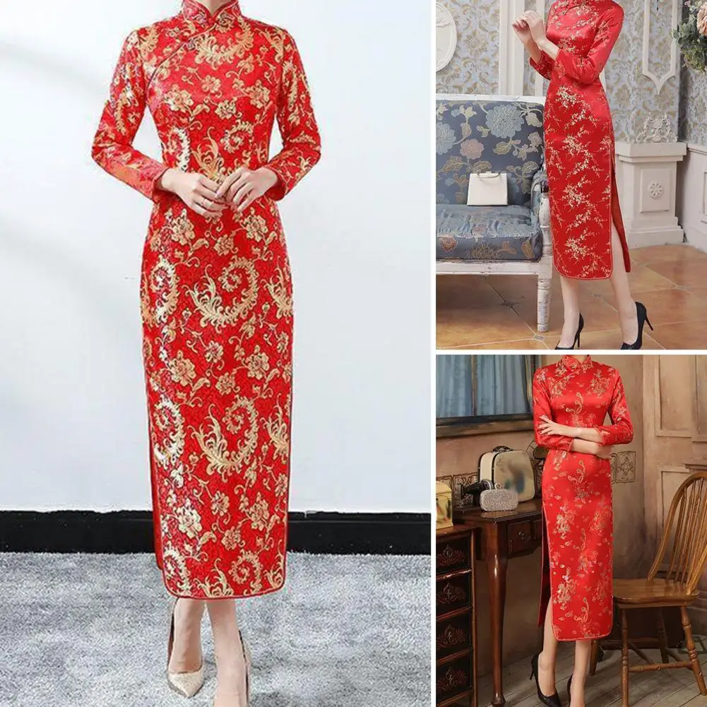 

Retro Cheongsam Dress Classic Chinese Style Women's Cheongsam Dresses for Weddings Parties Elegant High Slits Long Fork Qipao