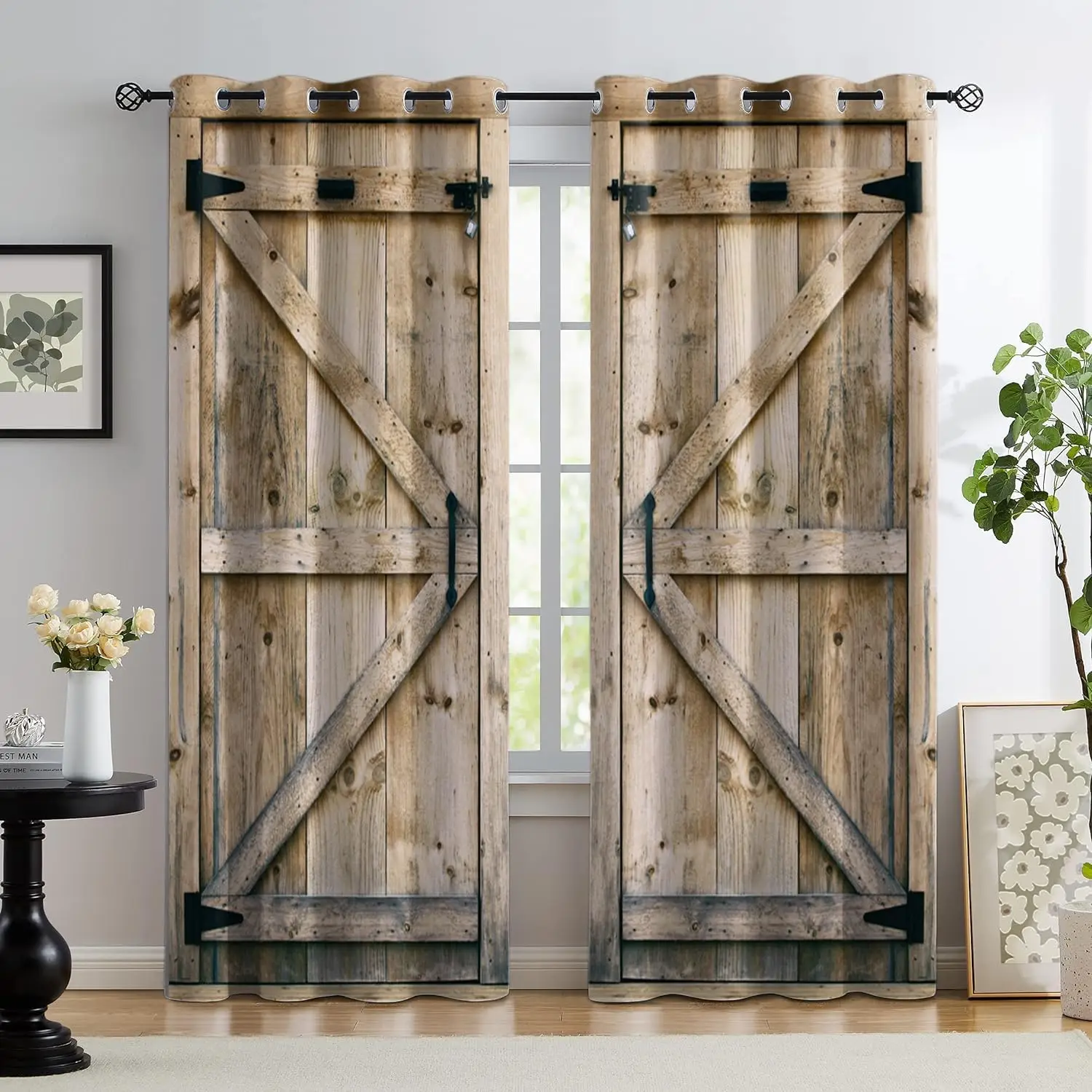 Rustic Curtains Wooden Barn Door in Stone Farmhouse Image Vintage Desgin Rural Art Architecture Print Living Room Bedroom Window