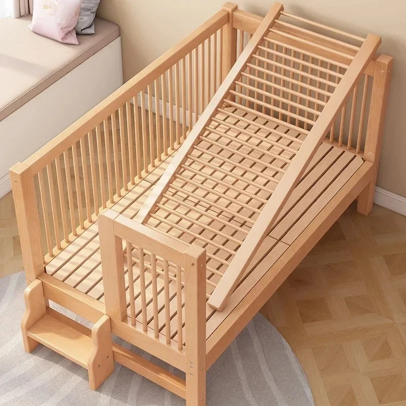 

Chinese Beech Child Bed for Apartment Light Luxury Simple Bed for Children High Guardrail Splicing with Ladder Children Beds