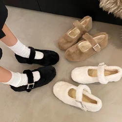 Luxury Fur Ballet Flats Woman Crystal Buckle Mary Janes Ladies Winter Warm Plush Loafers Rhinestone Evening Party Shoes