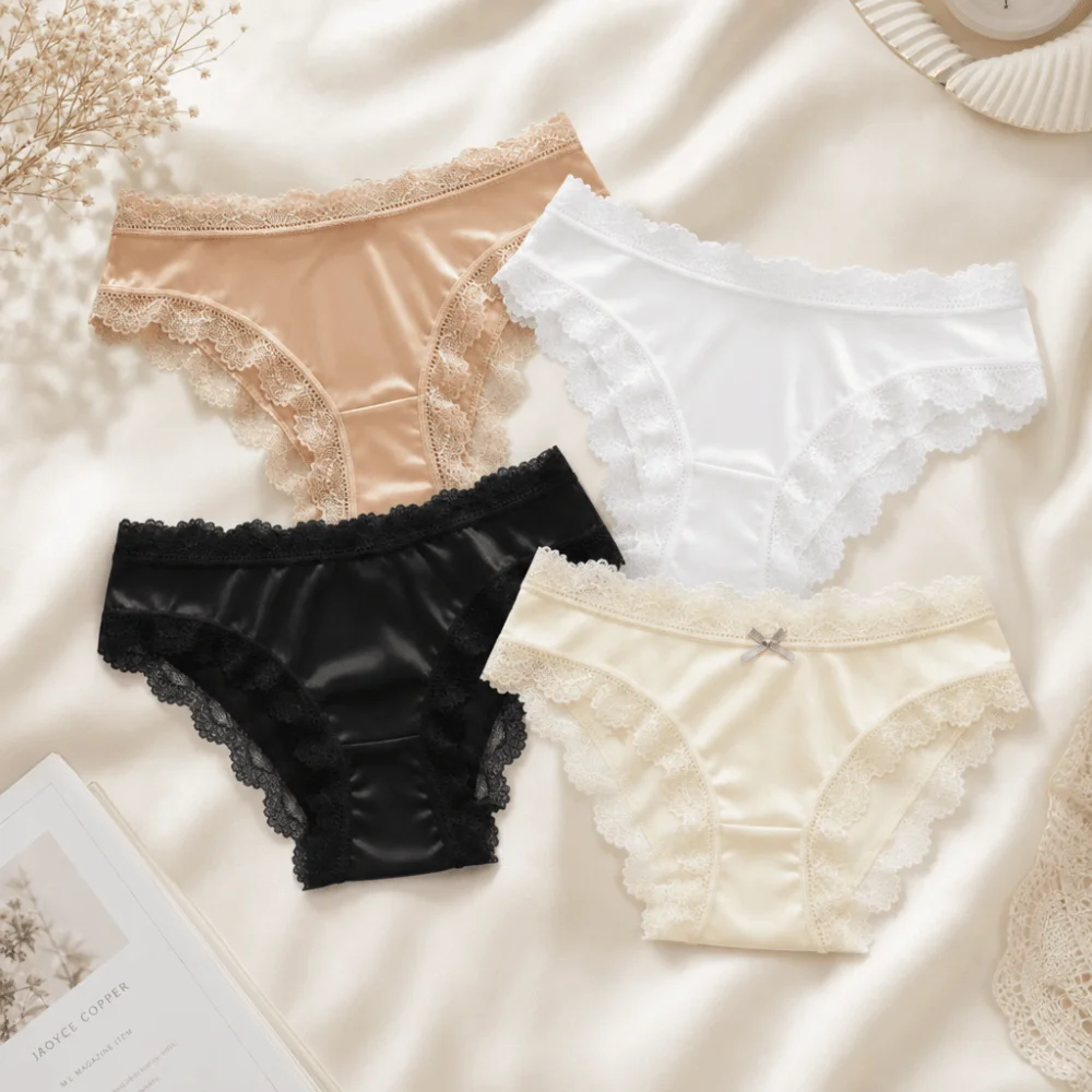 Soft Smooth Low Waist Satin Silk Briefs Lace Bow Seamless Ladies' Underwear Lingerie Thin Triangle Panties Women