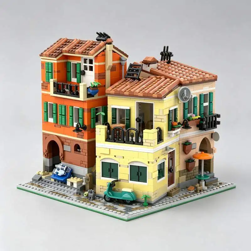 2911PCS MOC Italian Corner Riviera Street View Modular House Building Blocks Model Architecture DIY Creative Assembly Gift