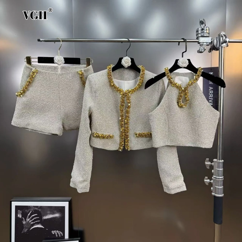 

VGH Office Tweed Three Piece Set for Women O Neck Long Sleeve Coat Halter Vest Mid Waist Shorts Luxurious Dinner Suit Female New