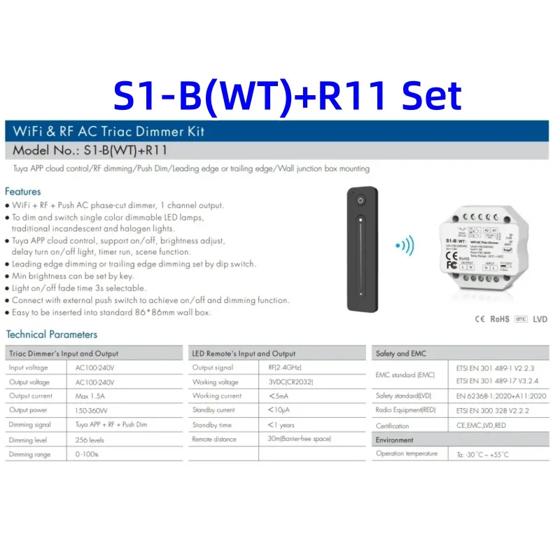 

S1-B(WT) Push Dim AC Triac Dimmer 2.4G RF Tuya App R11 Remote Wifi Controller Set AC110V-220V For SMD Single Color Lamp Lights