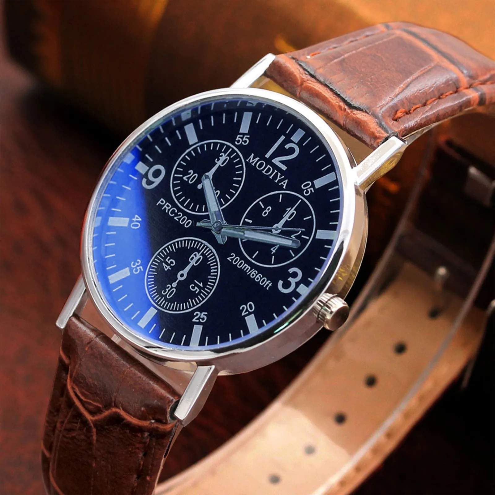 Luxury Six Pin Watches Men Leather Strap Quartz Wrist Watches Men\'s Watch Vintage Blue Glass Belt Watch Relojes Para Hombre