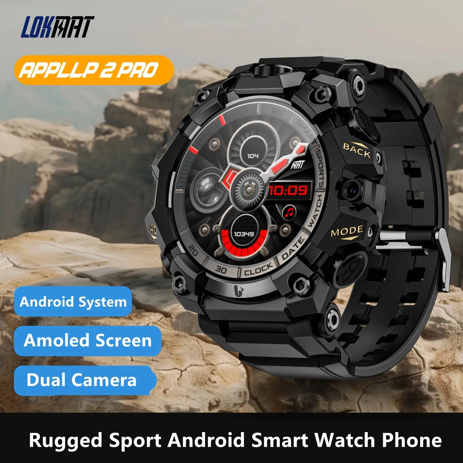 

LOKMAT New APPLLP 2 PRO Rugged Sport Android Smart Watch Phone Wifi Fitness 4G Watch Dual Camera Video Calls Amoled Round Screen
