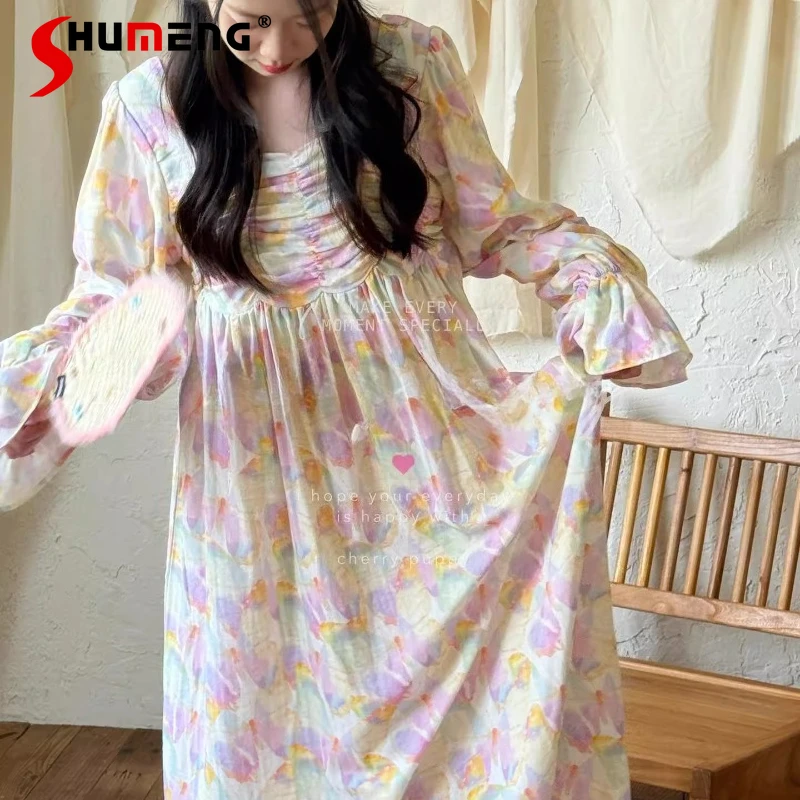 

Long Sleeve Butterfly Nightdress for Women Cotton Gauze Ruffle Sleeve Sleepshirts Female Japanese Sweet Homewear Nightgowns