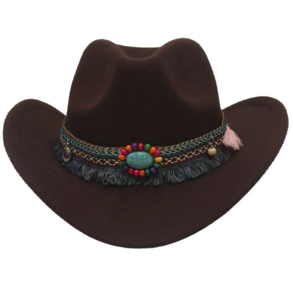 Vintage Woolen Western Cowboy Hat Solid Color Big-edge Cowgirl Jazz Hat Colorful Ethnic Style Top Hat Outdoor Visor Caps