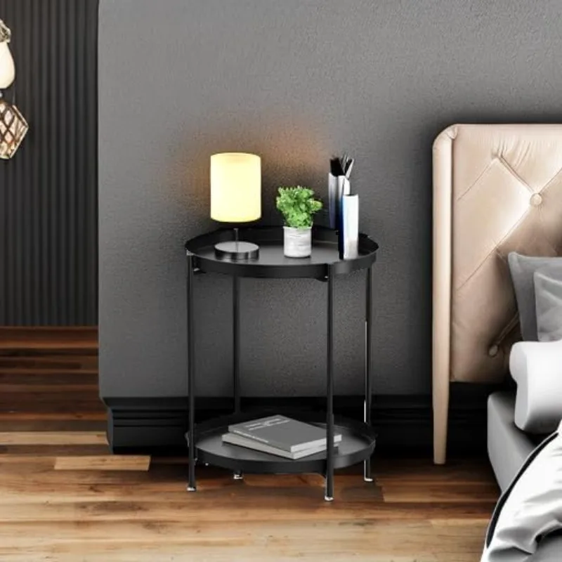 2 Tier End Table - Metal Side Table Waterproof Small Sofa Coffee Side Tables Bedroom Indoor Outdoor with Removable Tray
