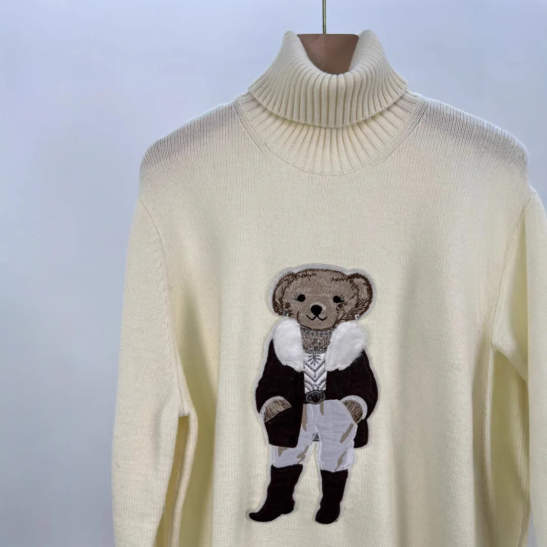 2024 autumn and winter new burst red wool cashmere cartoon bear turtleneck college age-reducing sweater