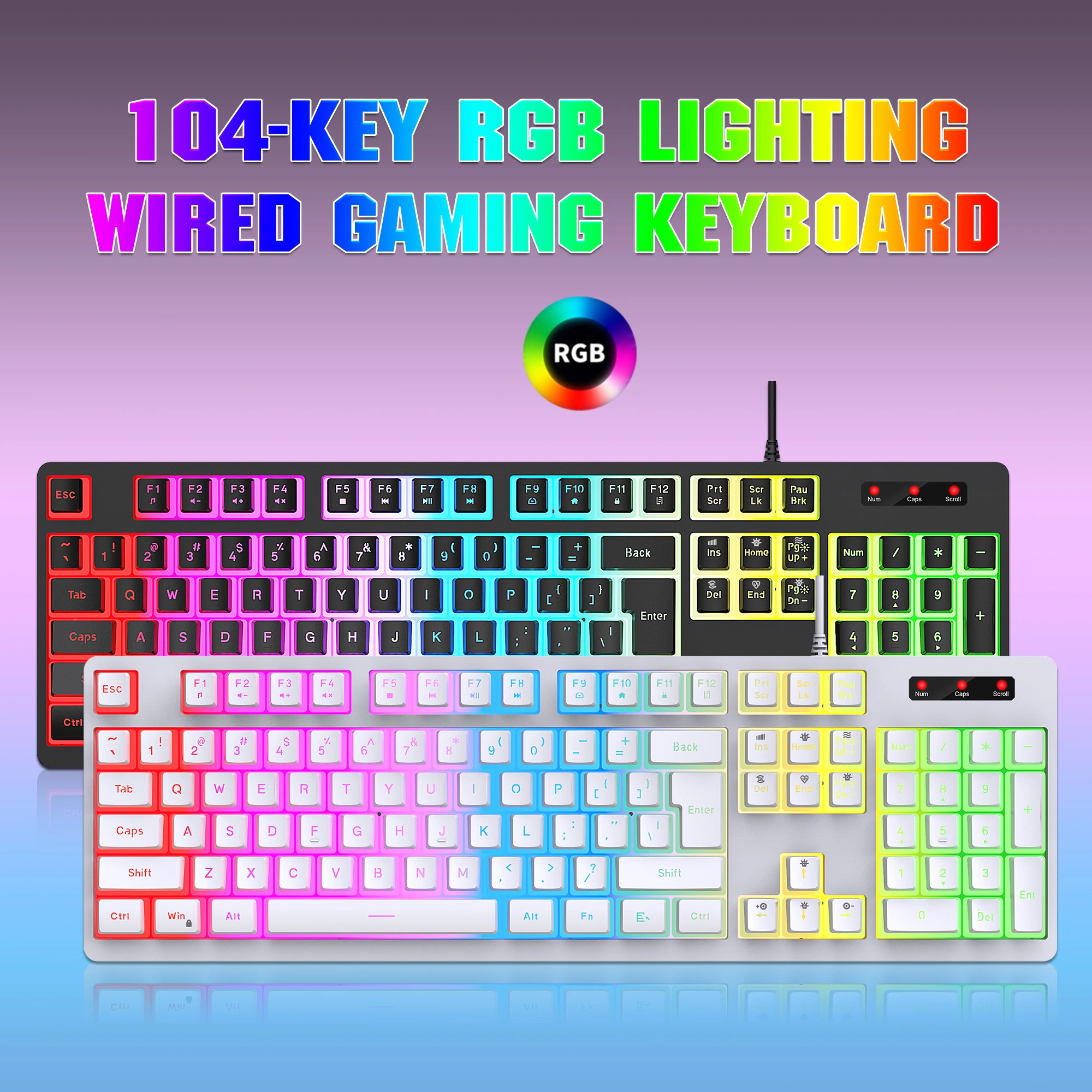 Hot sale HXSJ 104 key membrane gaming keyboard RGB bcklit ergonomic full size wired office keyboard for laptop Mac pc