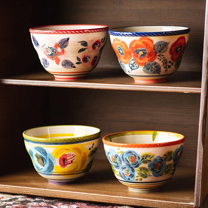 5 Inches Painted Flower Ceramic Bowl,Vintage Home Fruit Salad Dessert Exclusive-use Bowl,Kitchen Cooking Decoration Tableware
