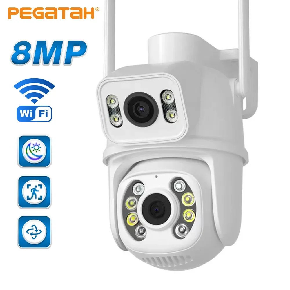 Pegatah 8mp 4K Ip Wifi Camera Dual Lens Met Dual Screen Ai Human Detecteren Auto Tracking Outdoor Bewakingscamera Icsee App