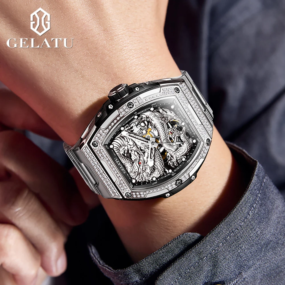 GELATU 6021 Top Brand Mens Watch Silver Dragon Fashion Luxury Full Diamond Automatic Mechanical Watch for Men Hollow NEW
