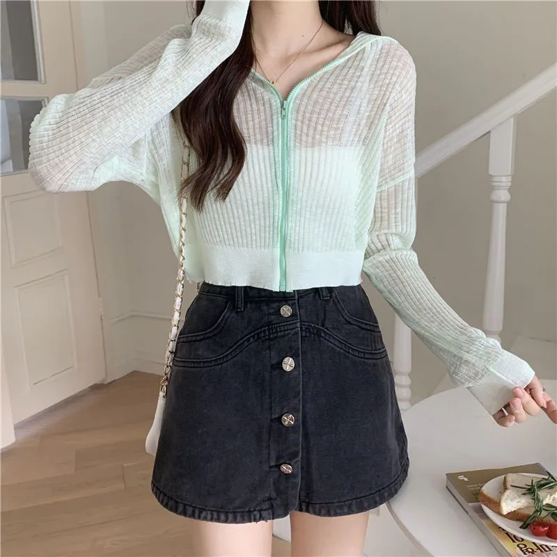 Lucyever Candy-Color Sun Protection Knit Cardigan Women Summer Thin Transparent Zipper Hooded Shirts Woman Outerwear Crop Tops