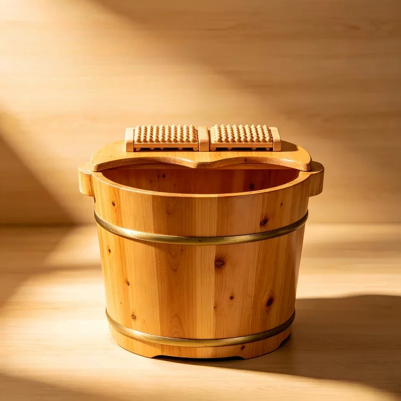 Wooden Foot Soak Tub with Cover, Deep Home Spa Basin, Thick Solid Wood Heat-Retaining Foot Bath
