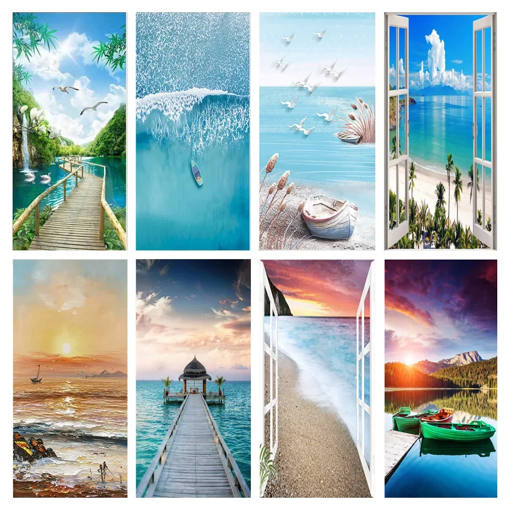 

3D Door Sticker Wallpaper Self-adhesive Seaside Landscape Beach Door Decal Mural for Bedroom Bathroom Vinyl Poster Home Decor