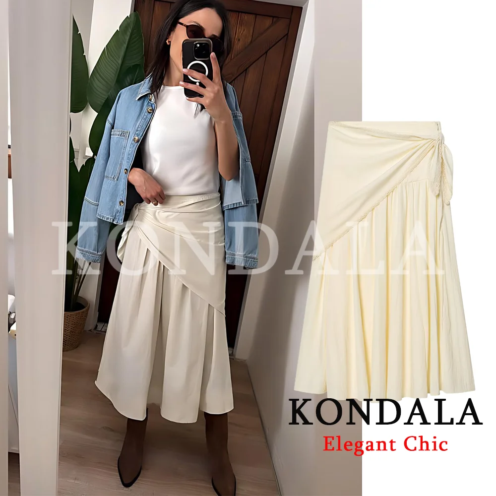 KONDALA Women Trendy Beach Fluffy Lace Scarf Skirts Pleated Long Zipper Skirt Fashion 2026 Spring Summer Holiday Mujer Skirts