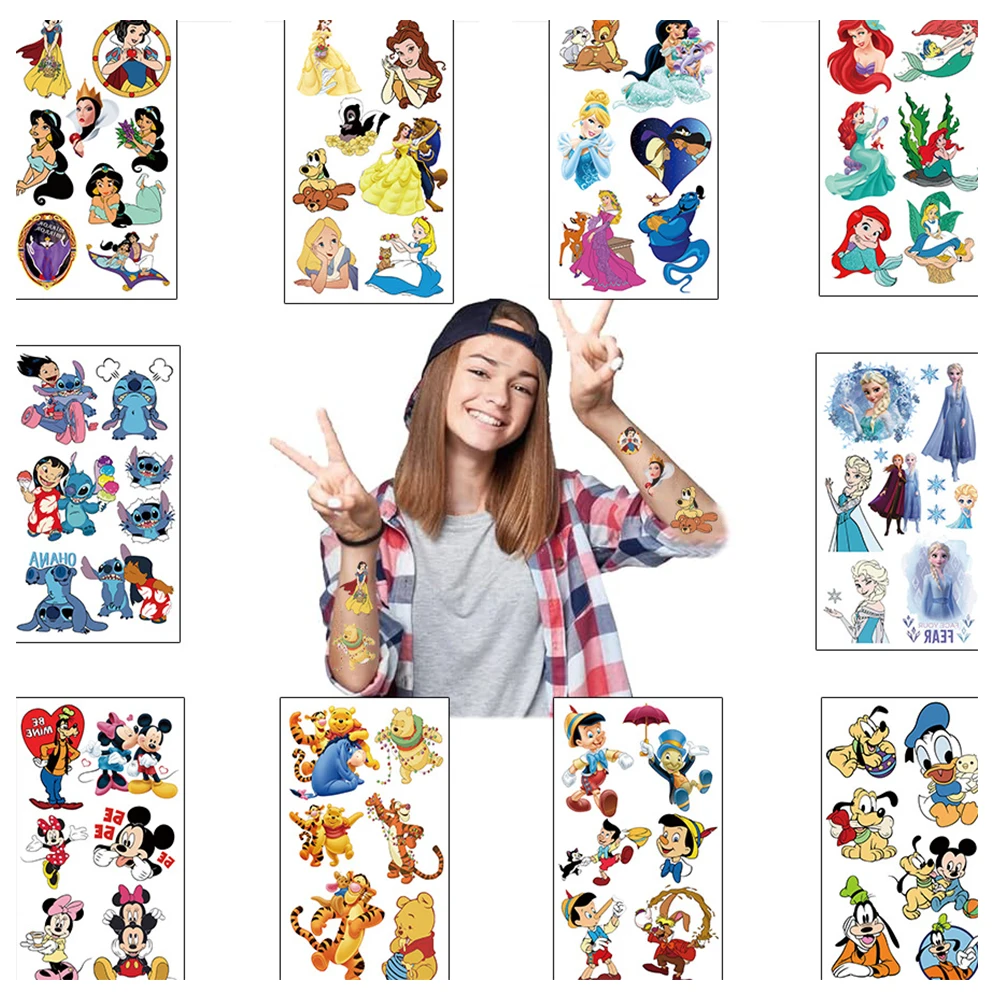 10pcs Disney Mix Anime Aesthetic Tattoo Stickers Stitch Princess Cartoon  Waterproof Temporary Tattoo Decals for Kid Party Gifts