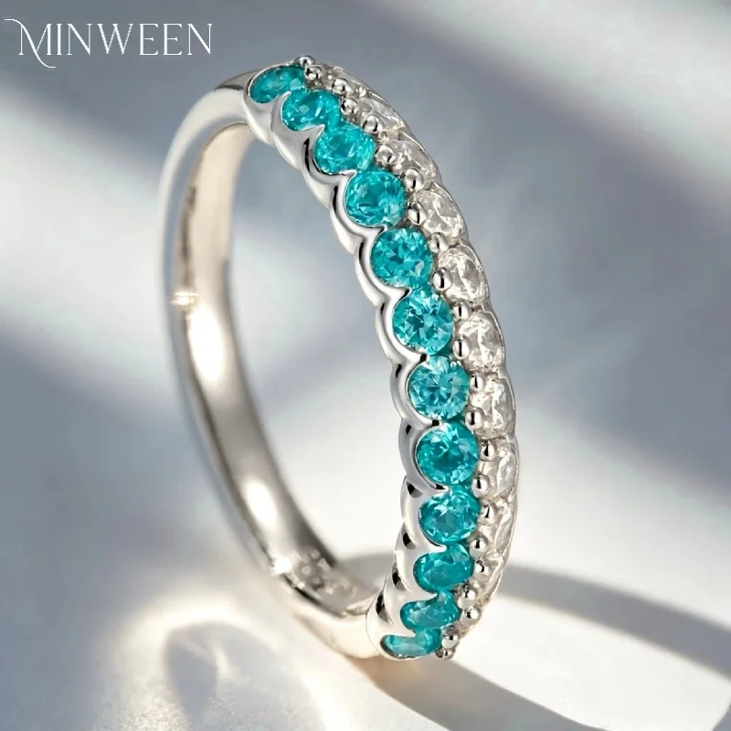MINWEEN S925 Sterling Silver Blue White Color Gemstones Block Stackable Band Ring Luxury Daily Versatile Jewelry for Women