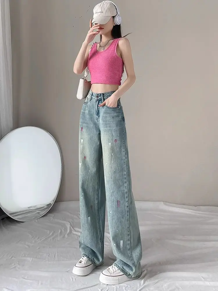 

Women Fashion Straight Loose High Waist Denim Pants Oil Paint Splatter Design Jeans Harajuku Y2K Casual Street Trousers