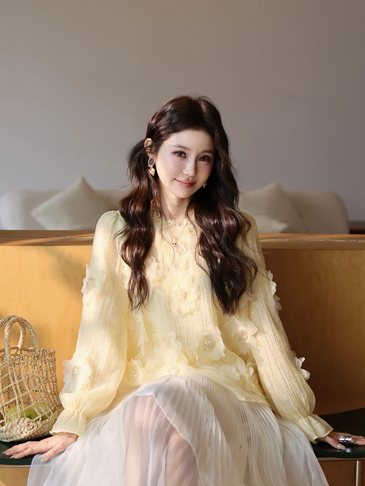 

Ele Yellow Blouse Women's Design Unique Super Fairy T Beautiful Dopane Spring New Sle OL Commute Sle Long Sv...