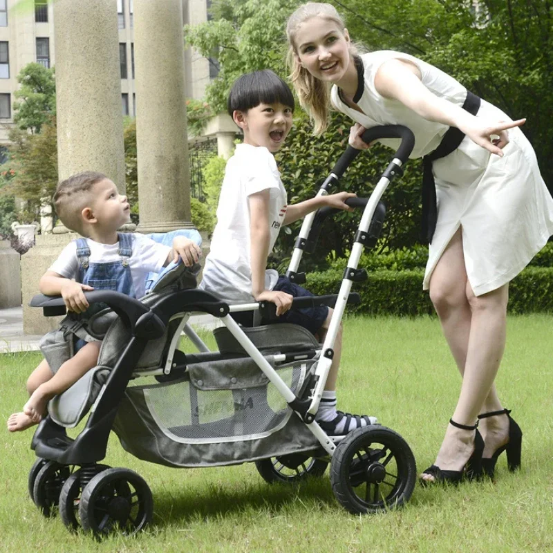 

Multi Functional Light Front and Rear Seat Two Child Two People Child Cart Safe Folding Twin Baby with Pedal Trolley