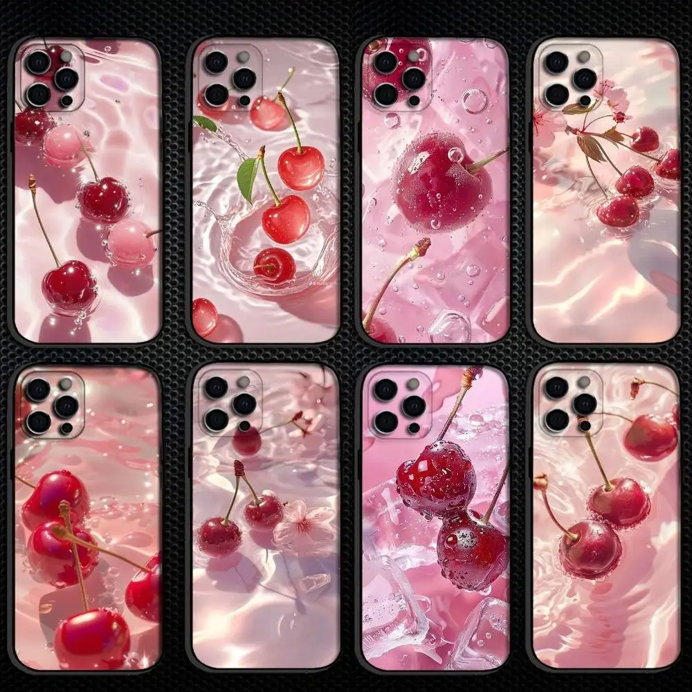 

Cherries Floating Pink Water Phone Case For iPhone 16,15,14,13,12,11 Plus,Pro Max, Others Soft Black Cover