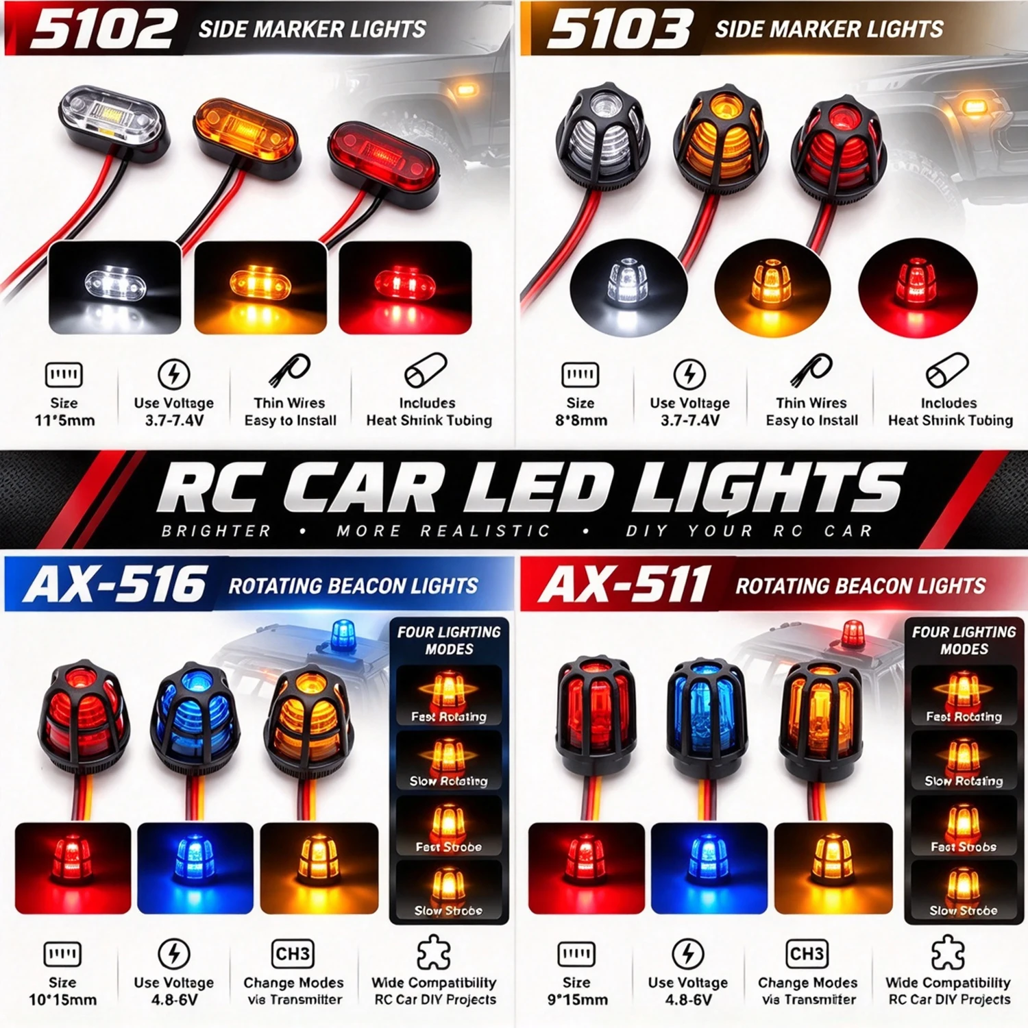 RC-Auto LED-Warnleuchte Profilleuchte 8*8mm 11*5mm für 1/10 1/14 Traxxas Tamiya TRX4 Defender Bronco SCX10 D90 Upgrade