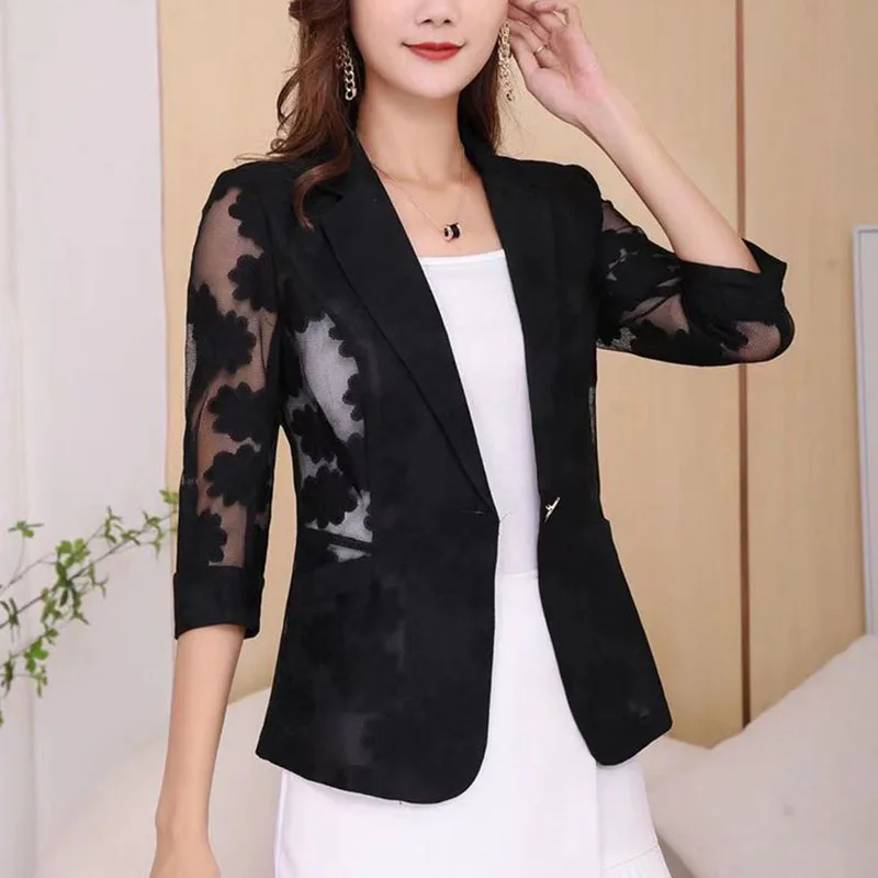 Blazer Spring and Summer Women\'s Lace Coat Simple Commuting Elegant Slim Fit Temperament Versatile Fashion Comfortable Top 2023