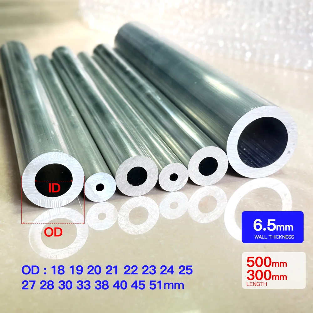 Aluminum Tube 6.5mm Extra Heavy Wall,18-51mm OD Industrial Grade Straight Pipe,300/500mm Length for High Strength Structure