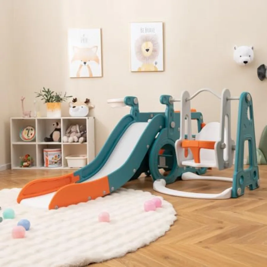 

Игровой комплекс 6 в 1 для малышей: горка и качели в виде мини-автобуса, для дома и улицы, с баскетбольным кольцом, туннелем для ползания и скалодромом