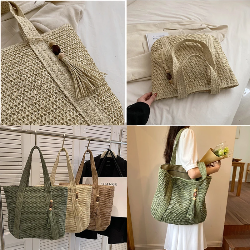 Large Capacity Weave Tote Summer Beach Straw Handbag Tassel Design Female Bohemian Shoulder Bag for Women 2023 Ladies Travel Bag