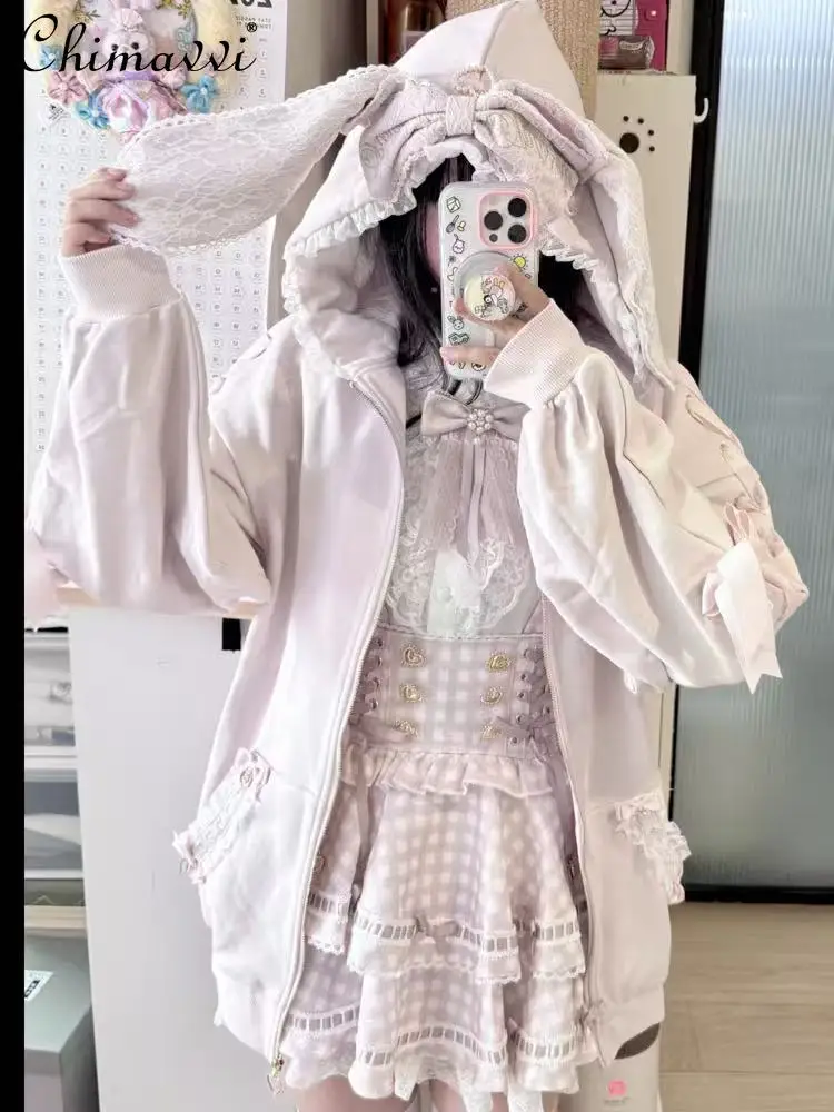 Autumn 2025 New Japanese Liz Cute Rabbit Ear Lace Hooded Sweatshirt Sweet Girl Women Loose Tie Long Sleeve Lolita Jacket