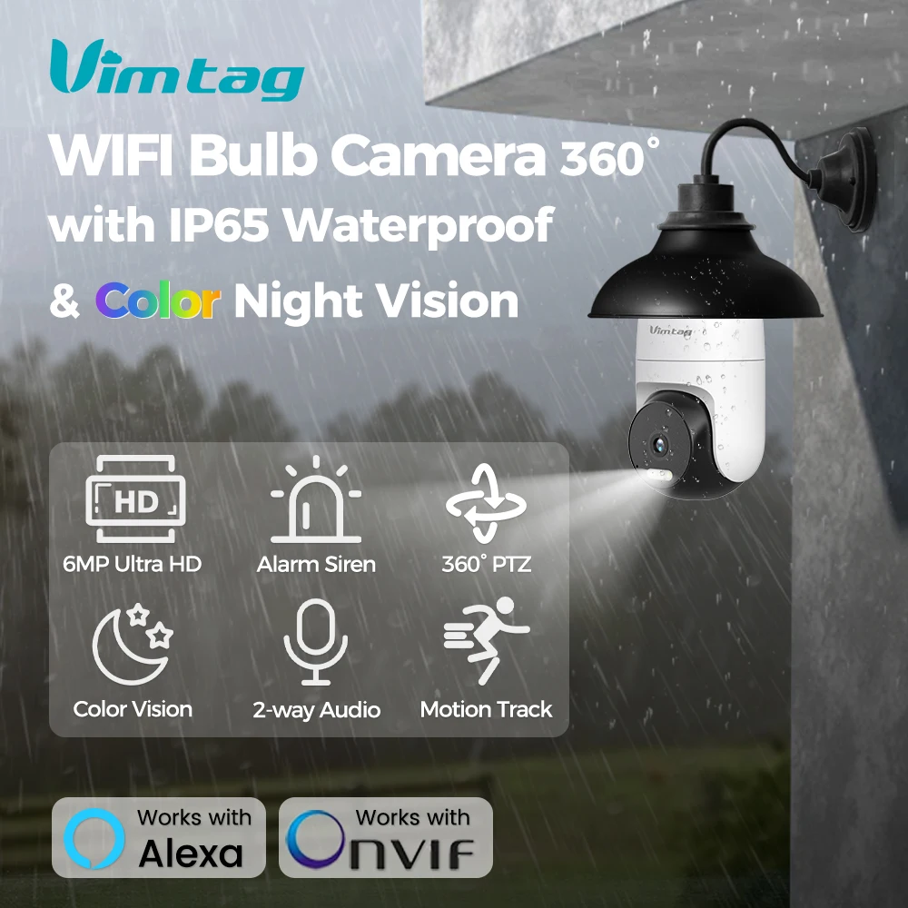 Sicherheitskamera WIFI für den Außenbereich, VIMTAG 4K wasserdichte CCTV-Überwachungskamera 360° PTZ / PIR Smart Light / Farbnachtsicht / Auto