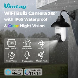 Kamera bezpieczeństwa WIFI zewnętrzna, wodoodporna kamera do monitoringu CCTV VIMTAG 4K 360° PTZ / PIR inteligentne światło / kolor noktowizor / automatyczne śledzenie, kamera żarówkowa wewnętrzna, współpracuje z Alexa