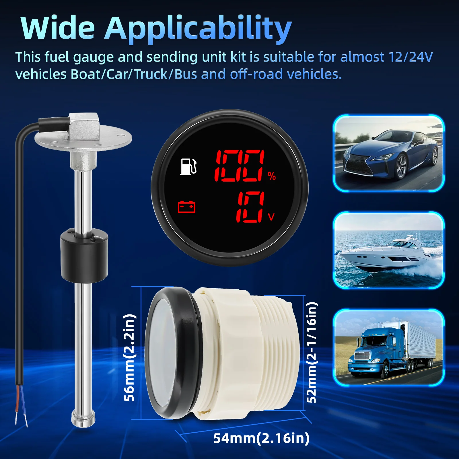 316 stainless steel Fuel Level sensor 100-550MM 52mm IP66 Waterproof Dual Gauge with Alarm Light Voltmeter+Fuel Level Gauge