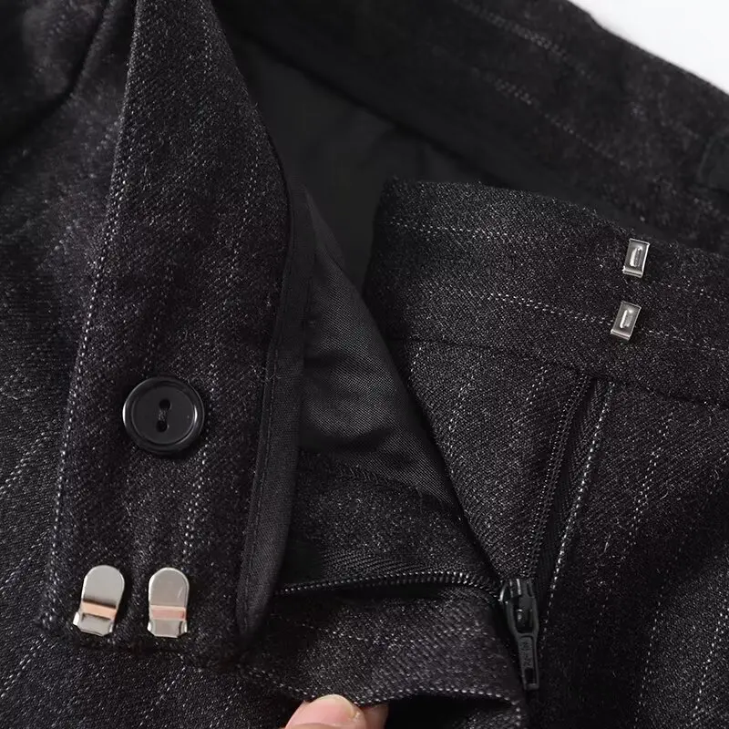 Dave&Di Francuskie spodnie biurowe w stylu office lady, szare, flanelowe, do pracy, zimowe, vintage, w paski, luźne, proste, spodnie damskie, odzież damska