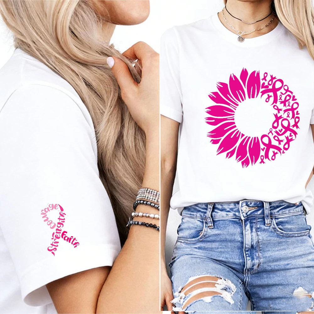 Pink Ribbon Sunflower Pattern Tshirt Faith Hope Strength Letter Ribbon Cuff Print Breast Cancer Support Inspirational Casual Tee