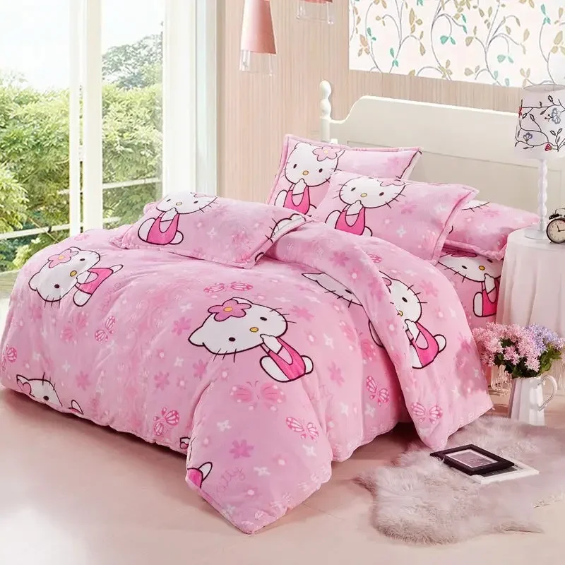 

Sanrio hello Kitty Bedding Set Flannel Quilt Cover baby Pillowcase Sheets Winter Cartoon Coral Fleece girl comforter duvet