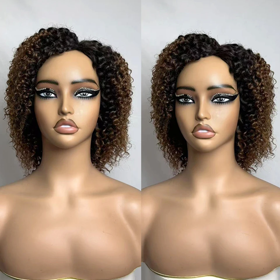 ピクシーカラーショートアフロ縮毛カーリーボブ100-人毛ウィッグ女性用ベトナムレミーヘアオンブレブロンドクリアランスブラウン