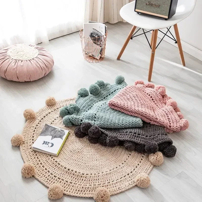 

y Nordic Round Play Mats Blanket Knitting Ball Carpet Rug Kids Bed Room Crib Tent Decor Ornaments Photography Props NJ72112
