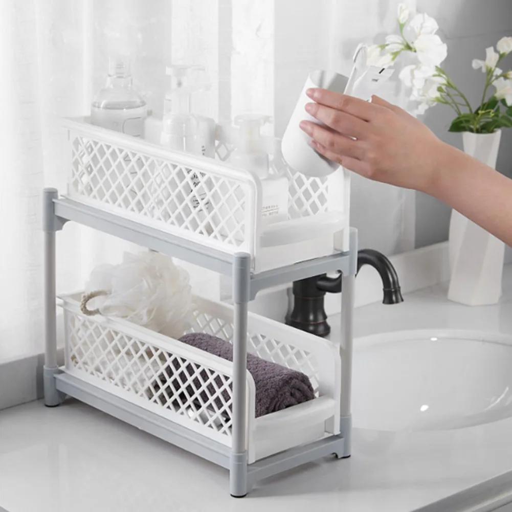 2 Tier Shelf Corner Organizer Bathroom Caddy Kitchen Storage Rack White Removable Drawer